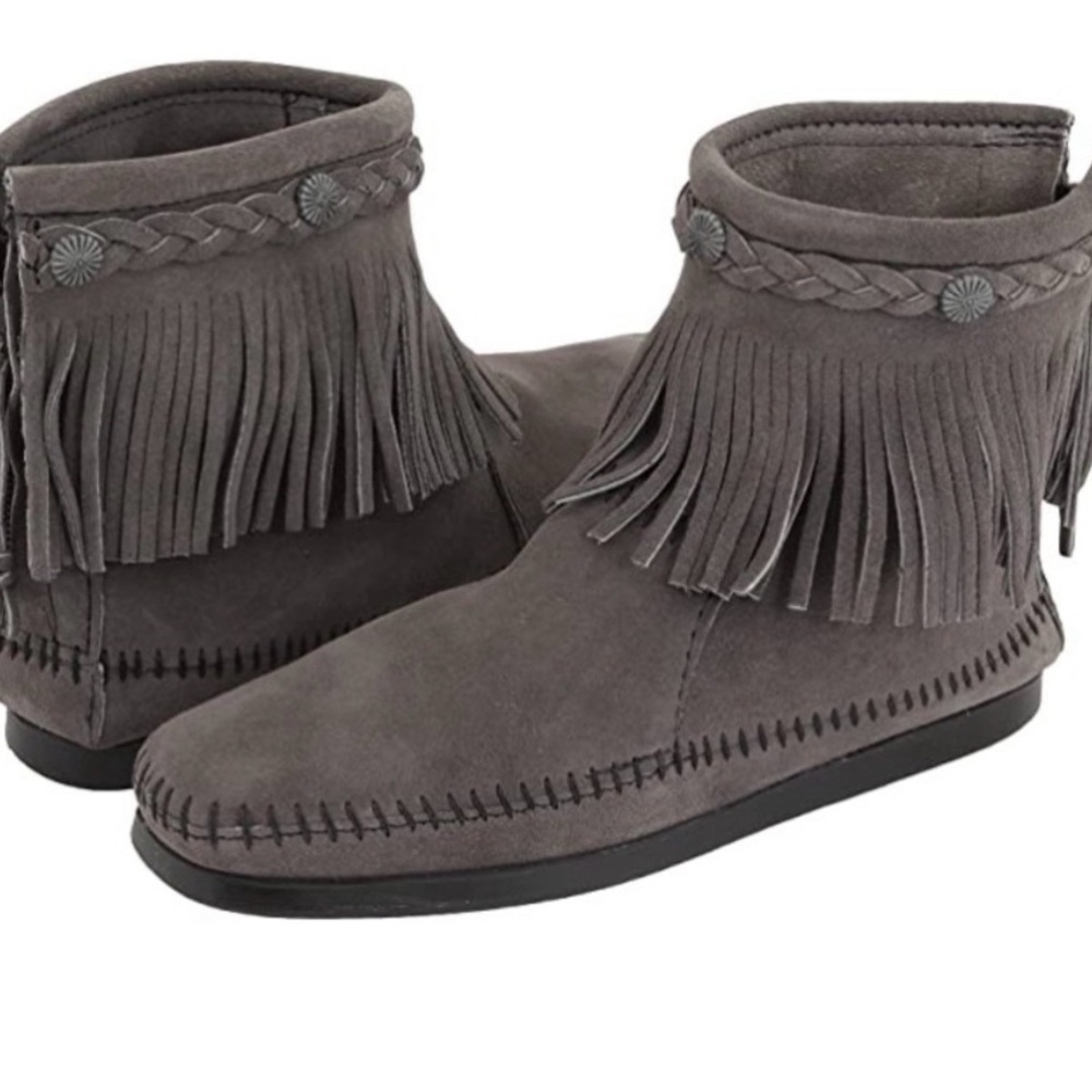 Minnetonka Fringe Grey Ankle Booties